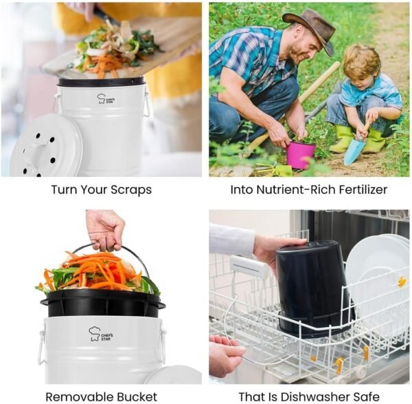 Chef's Star Countertop Compost Bin for Kitchen, Indoor Compost Bin for Kitchen Counter, Small Composter for Kitchen Counter, with Charcoal Filter, Airtight Lid, 0.8 Gallon Compost Pail, White - Image 3