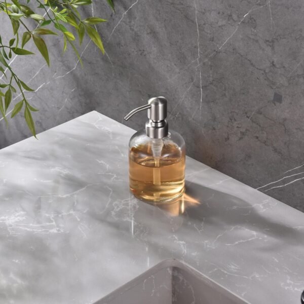 Qeemee Clear Glass Soap Dispenser, 11 Oz Boston Round Bottle Dispenser with Stainless Steel Pump, Refillable Kitchen & Bathroom Countertop Dish Soap Dispenser, Brushed Nickel - Image 2