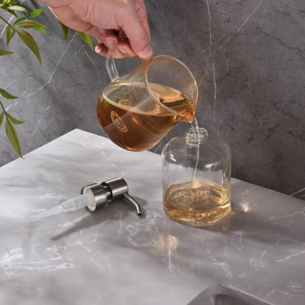 Qeemee Clear Glass Soap Dispenser, 11 Oz Boston Round Bottle Dispenser with Stainless Steel Pump, Refillable Kitchen & Bathroom Countertop Dish Soap Dispenser, Brushed Nickel - Image 4