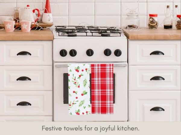 PurpleEssences Christmas Kitchen Towel Set of 2-100% Cotton Tea Towels for Baking, Cleaning, Entertainment & Cooking, Holiday - Mistletoe and Plaid - Image 3