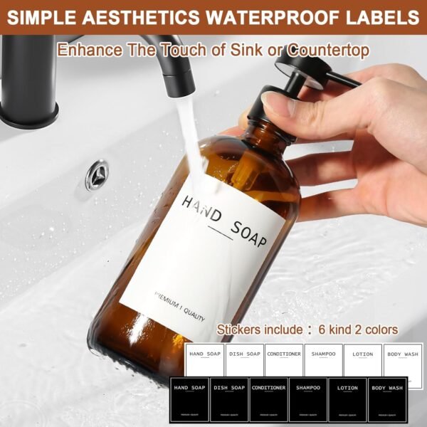 Amber Glass Soap Dispenser 2 Pack, Bathroom Hand Soap Dispenser with Stainless Steel Pump, 16 Oz Kitchen Hand and Dish Soap Dispenser Set, Modern Brown Soap Lotion Dispensers Bottle - Image 4