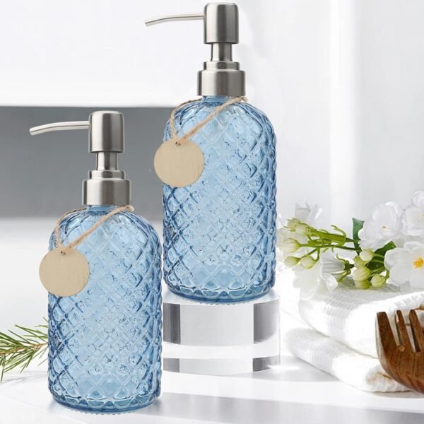 13.5Oz Gem Design Soap Dispenser with Stainless Steel Pump, Refillable Glass Soap Dispenser for Hand Soap, Dish Soap, Lotion (Blue) - Image 7