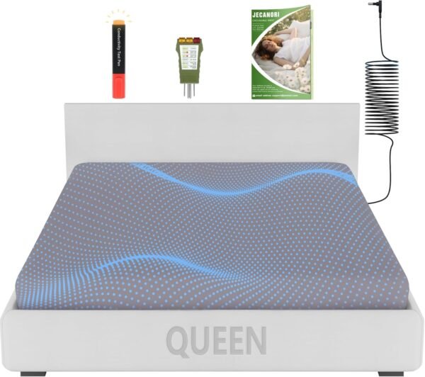 Jecanori Grounding Sheet Queen Size, Earthing Grounded Fitted Bed Sheet, 95% Organic Cotton + 5% Pure Silver Fiber, Bed Grounding Kit with grounding Cord & Tester, for Improved Sleep & Wellness