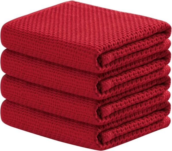joybest Cotton Kitchen Towels, 4-Pack Waffle Weave Ultra Soft Absorbent Dish Towels Quick Drying Kitchen Dish Cloths, 18 in x 28 in, Red