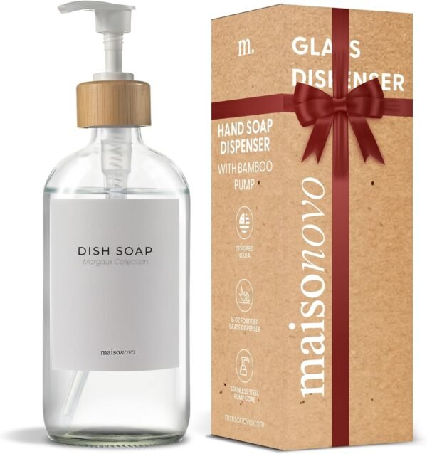 MaisoNovo Kitchen Soap Dispenser | 16.9 fl oz Glass Clear Soap Dispenser with Bamboo Pump
