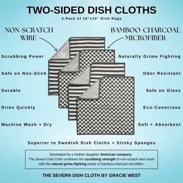 Severn Dish Cloths - No-Smell Dish Rags with Non-Scratch Wire Scrubber Side for Kitchen Cleaning. 4pk. Grime-Fighting Bamboo-Charcoal Microfiber 2-Sided Dishrags. Machine Wash + Dry. Gracie West - Image 2
