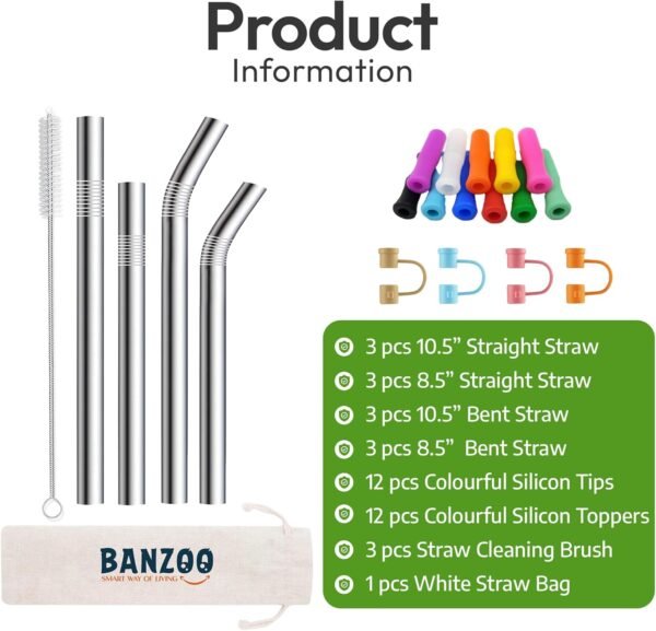 Reusable Stainless Steel Drinking Straws With Silicone Tips, Toppers, Cleaning Brushes & Travel Case Premium Quality 10.5" & 8.5" Straight and Bent Metal Straws Fit For 20, 24, 30 OZ Tumbler (Silver) - Image 2