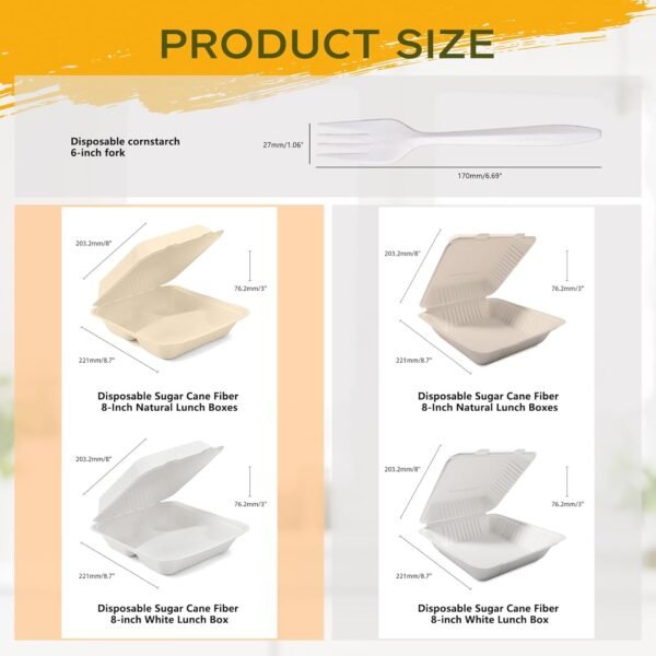 To Go Food Containers with 50 Forks,Disposable Food Containers with Lids,Sugarcane Fiber To Go Boxes,Clamshell Take out Containers for Meal Prep (8"x8" 1-compartment 50 Pack (Natural)) - Image 2