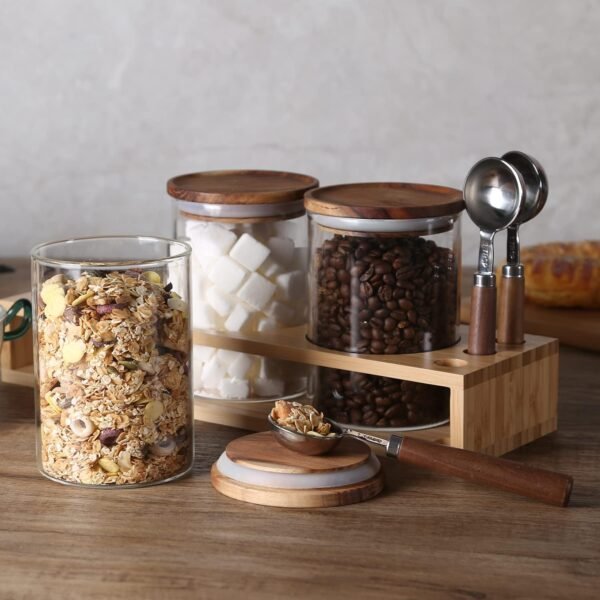 KKC HOME ACCENTS Sealed Glass Food Storage Jars with Scoop for Kitchen Counter,Glass Tea Canisters for Loose Tea,Ground Coffee,Bean,Sugar,Nut,Wooden Top Glass Containers with Spoons,25 Fluid-oz - Image 4