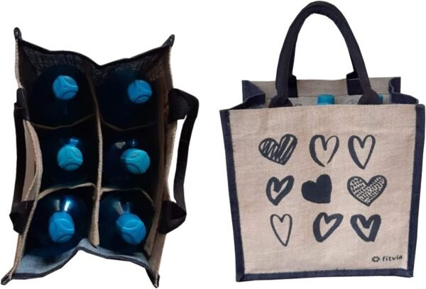KVR natural Jute burlap wine beer carrier bottle sturdy bag with option to use as lunch bag (6 bottle bag, Heart Print)
