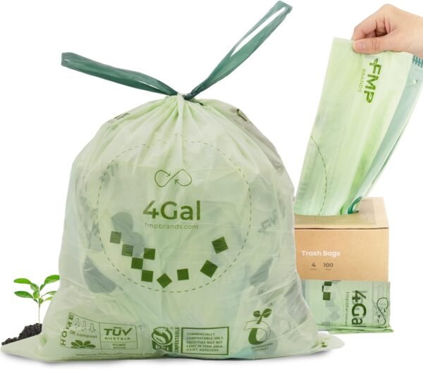 FMP Brands 100 Count 4 Gallon 100% Compostable Trash Bags with Drawstring, Extra Thick 0.8 Mil, Leak-Proof Small Kitchen Garbage Bag, Waste Basket Liners, ASTM D6400, US BPI, OK Compost Certified