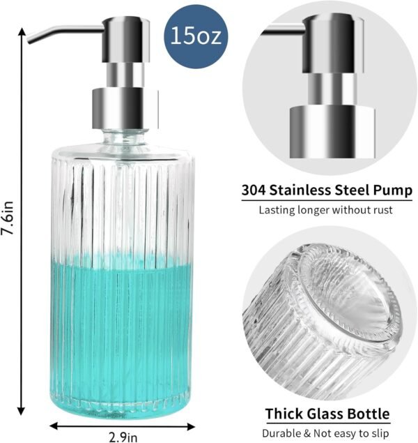 Glass Soap Dispenser with Rust Proof 304 Stainless Steel Pump,Refillable Hand and Dish Soap Pump Dispenser 15 oz with Stoppers and Funnel,Premium Bathroom Soap Dispenser for Kitchen,Lotion 2 Pack - Image 4