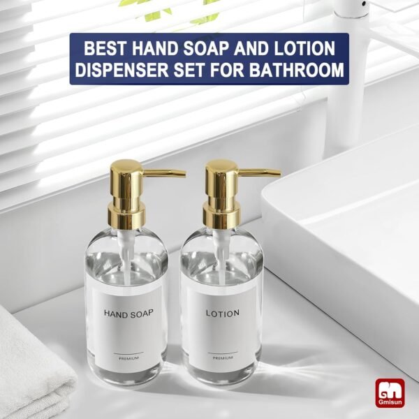 GMISUN Gold Soap Dispenser, 2 Pack Clear Glass Soap Dispenser with Rustproof Golden Pump, 16 Oz Clear Bathroom Hand Soap Dispenser, Refillable Kitchen Hand and Dish Soap Dispensers Set, Liquid Bottles - Image 4