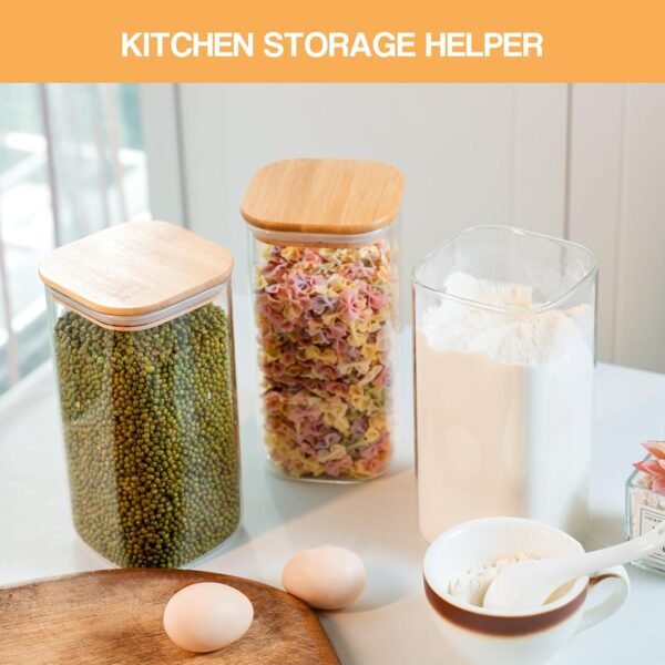 Glass Storage Jars 6 Pack -50oz (10cmx20cm)Clear Glass Food Storage Containers with Airtight Bamboo Lid Stackable Kitchen Canisters for Candy,Cookie,Rice,Sugar,Flour,Pasta,Nuts and Spice Jars(Square) - Image 4