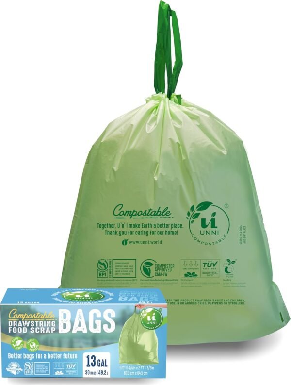 UNNI Compostable Drawstring Bags, 13 Gallon, 49.2 Liter, 30 Count, Heavy Duty 1 Mil, Tall Kitchen Food Scrap Waste Bags with Drawstring Handle, ASTM D6400, US BPI, CMA & Europe OK Compost Certified