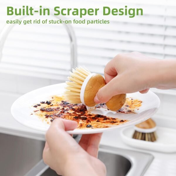 SUBEKYU Dish Brush, Bamboo Dish Scrubber Brush Set with Tray, Natural Kitchen Dishwashing Scrub Brush for Cleaning Dishes/Pans/Pots, Built-in Scraper, Natural Sisal + Palm Bristles, Set of 2 - Image 4