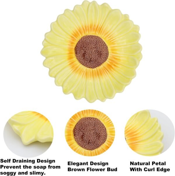 Self Draining Soap Dish Inspired by Daisy Flower Ceramic Waterfall Soap Dish Soap Savers for Bathroom,Shower,Bar Counter - Image 2