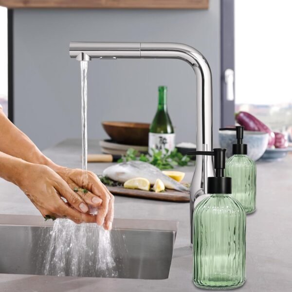 Green Glass Soap Dispenser Set with Black Pump, 13.5oz Refillable Liquid Hand Soap Dispenser, Lotion Dish Soap Dispenser for Modern Home Decor, Bathroom, Kitchen Countertop, Hotel(2 Pack) - Image 7