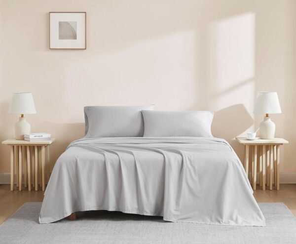 Linen Closet Luxury Cotton 144 Thread Count Organic Cotton 4-Piece Sheet Set, Queen, Light Grey