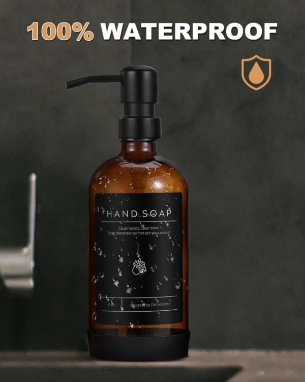 [LUXURY] Kitchen Soap Dispenser Set - 16OZ Amber Glass Bottle, Stainless Steel Pump, Instant Dry Tray, Waterproof Labels, Non-Slip Silicone Pad, and Dish Brush | Upgrade for Your Kitchen and Bathroom - Image 4