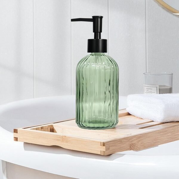 Green Glass Soap Dispenser Set with Black Pump, 13.5oz Refillable Liquid Hand Soap Dispenser, Lotion Dish Soap Dispenser for Modern Home Decor, Bathroom, Kitchen Countertop, Hotel(2 Pack) - Image 6