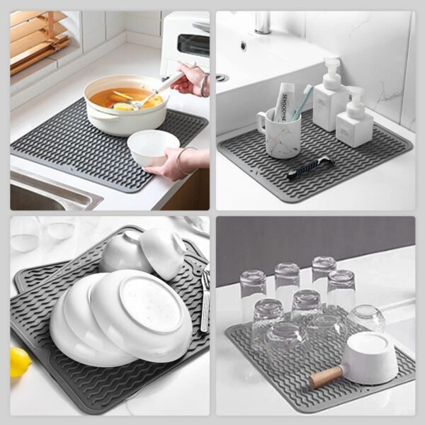 2 Pack Silicone Dish Drying Mat, Heat-resistant Kitchen Counter Mat for Sink, Refrigerator, Drawer, Dish Drying Pad for Dishes, Utensils, Pots, Pans, 15.72"x11.79", Grey - Image 4