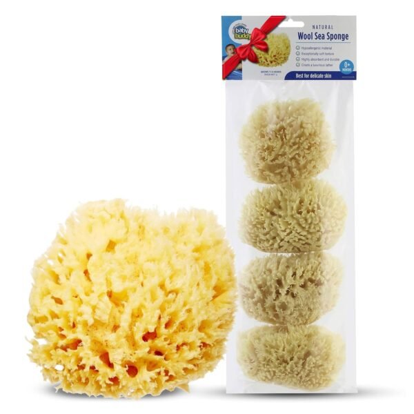 Baby Buddy Natural Wool Sea Sponge, Newborn Bath Time Essential, Ultra Soft for Delicate Skin, Hypoallergenic and Biodegradable, 4 Pack