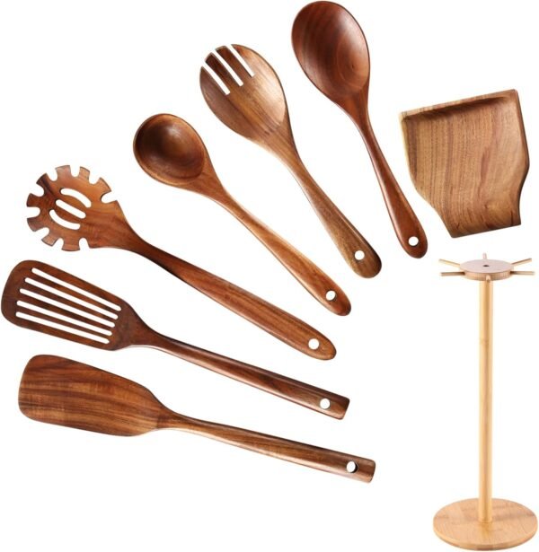 NAYAHOSE Wooden Spoons for Cooking, 8 Pcs Wooden Cooking Utensils Set for Kitchen, Natural Teak Wood Non-Stick Cooking Spoons with Bamboo Holder, Kitchen Hanging Organizer Set