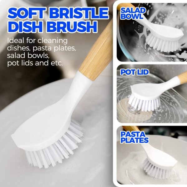 Holikme 3 Pack Dish Brush Set with Bamboo Handle, Kitchen Scrub Brush for Cleaning Dish, Pot, Sink and Stove, Skillet Scrubber with Tough Bristles for Cast Iron Grill Pan, Yellow White Black - Image 2