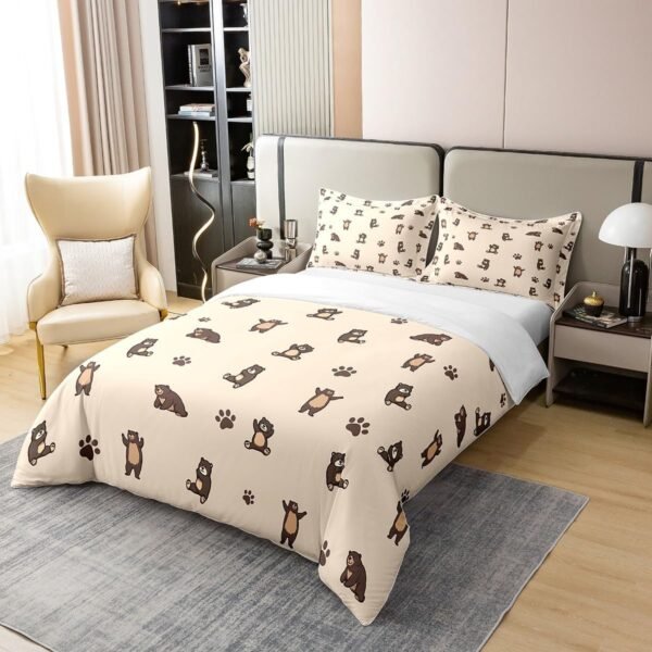Cute Bear 100% Organic Cotton Bedding Set Twin Size Cartoon Animal Bear Duvet Cover Dog Animal Paw Print Comforter Cover Lovely Wildife Bedspread Cover with 1 Pillowcase(No Comforter) - Image 2