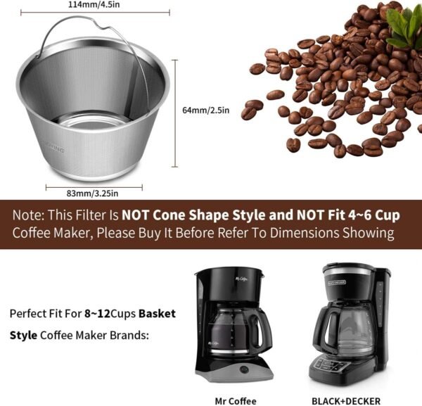 8-12 Cup Reusable Basket Permanent Coffee Filters, Perfect Fit for 8-12 Cup Mr. coffee, Black and Decker Krups Basket-Style Coffee Maker Filters and Basket Paper Filters - Image 2