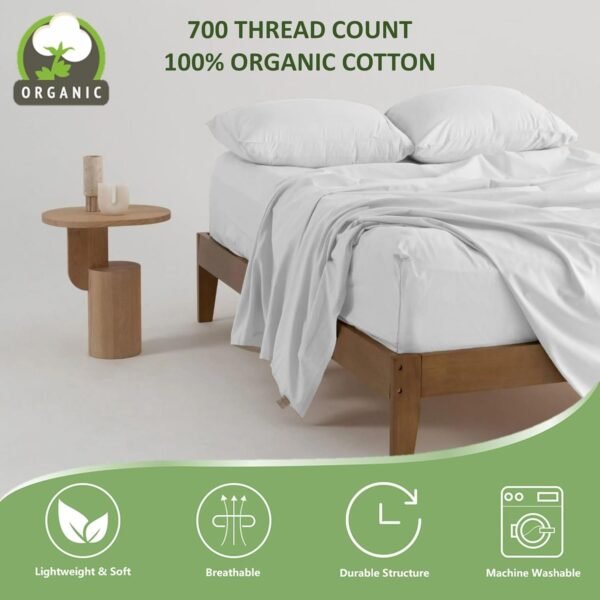 6 Piece Bedding Set, 100% Organic Cotton Bed Sheet Set 700 Thread Count, Crisp and Cooling Sateen Weave, Soft Breathable, Eco-Friendly, 12" Deep Pocket -(Light Grey, King) - Image 6