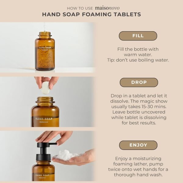 MaisoNovo 14 oz Amber Glass Foaming Soap Dispenser with Black Plastic Pump + Mixed 4 Pack Foaming Hand Soap Refill Tablets - Image 5