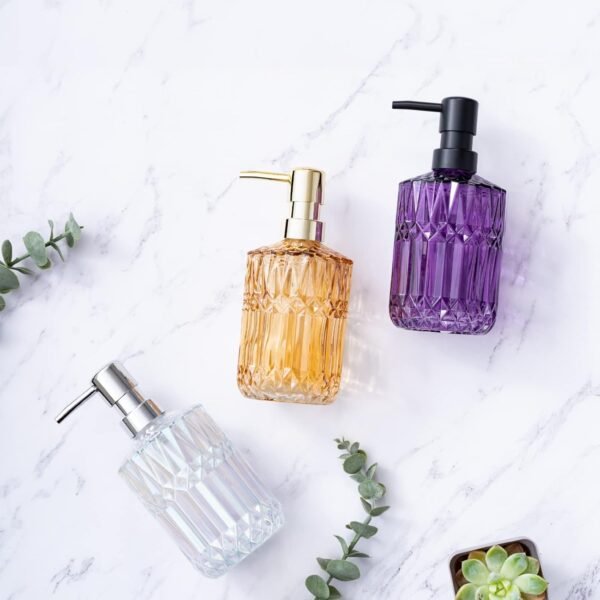 Diamond Design 12 Oz Green Glass Soap Dispenser,Refillable Lotion Soap Dispenser for Bathroom, Kitchen, Hand Soap, Dish Soap,Shampoo, Ideal for Bathroom Countertop. (Clear Gold) - Image 5