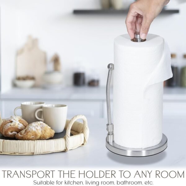 Stainless Steel Paper Towel Holder, Standing Weighted Base, Spring Arm Attachment for Easy One-Handed Tear, Has Suction Cups and Holds All Paper Towel Rolls, Perfect for Kitchen Countertop - Image 6