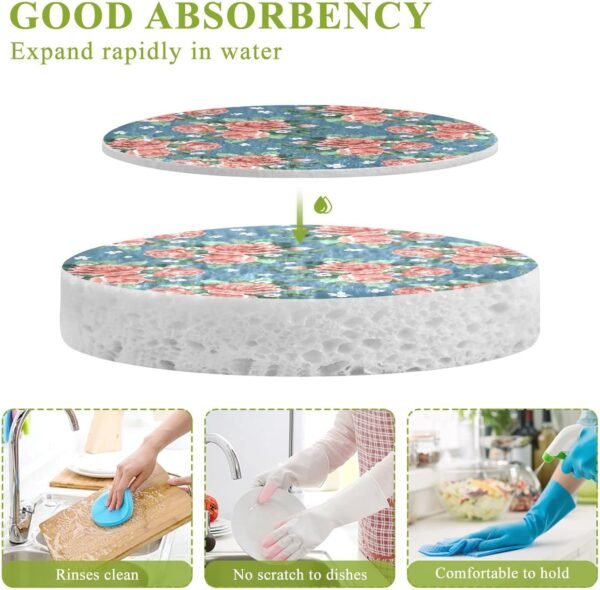 Rose Floral Kitchen Sponges Spring Summer Flower Cleaning Dish Sponges Non-Scratch Natural Scrubber Sponge for Kitchen Bathroom Cars, pack of 3 - Image 3
