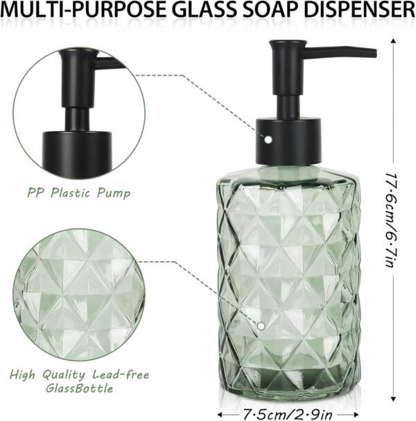 Green Glass Soap Dispenser Set for Bathroom, 11oz. Glass Soap Bottles with Plastic Pump, Kitchen Dish Soap Dispenser Set, Hand-Pump Dispenser for Shampoo, Lotion, Essential Oil (4Pcs) - Image 2