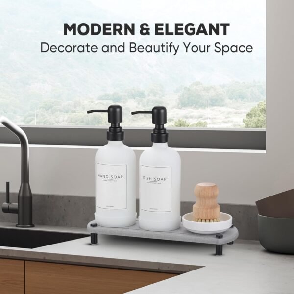 Kitchen Soap Dispenser Set with Instant Dry Tray,16 Oz Hand and Dish Soap White Glass Dispenser Set,Stainless Steel Pump,Waterproof Labels,Dish Brush,Luxury Soap Bottle for Kitchen,Bathroom - Image 5