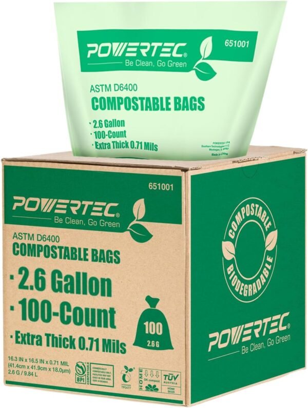 POWERTEC Compostable Bags, 2.6 Gallon (9.84 Liter), 100 Count, Extra Thick 0.71 Mil Kitchen Scrap Waste Bag, ASTM D6400 US BPI & European OK Compost Home Certified, Biodegradable Yard Waste Trash Bag
