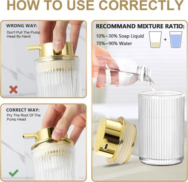Foaming Soap Dispenser, 2 Pack Clear Glass Foam Hand Soap Dispenser for Bathroom & Kitchen, Refillable Foaming Pump Bottle with Gold Pump, Modern Ribbed Dish Soap Foam Dispenser with 2 Straws - Image 6
