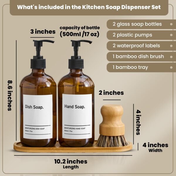 SIDIQI Design Glass Soap Dispenser Set of 2 with Plastic Pumps, Bamboo Tray, Brush & Labels - Ideal for Bathroom & Kitchen Countertop - 500ml/17 Oz - Image 2