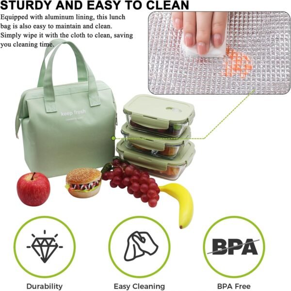 Mziart Insulated Lunch Bag Simple Bento Cooler Bag Lunch Tote Bag for Lunch Box for Women Men Adult Picnic Working Hiking Beach (Light Green) - Image 3