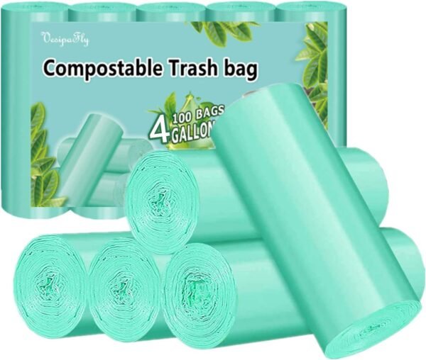 Compostable Trash Bag, 4 Gallon Biodegradable Garbage Bags Strong Rubbish Can Liners Unscented Wastebasket Bags for Kitchen Bathroom Home Office 100 Counts