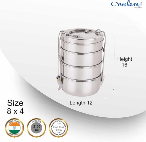 Neelam Stainless Steel Four Compartment Tiffin Box with Lid, Silver- 2100 ml - Image 2