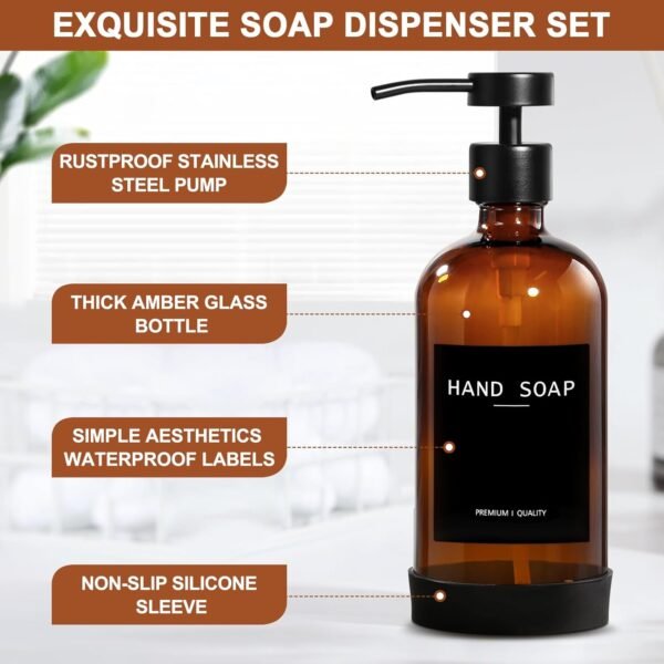 Amber Glass Soap Dispenser 2 Pack, Bathroom Hand Soap Dispenser with Stainless Steel Pump, 16 Oz Kitchen Hand and Dish Soap Dispenser Set, Modern Brown Soap Lotion Dispensers Bottle - Image 3