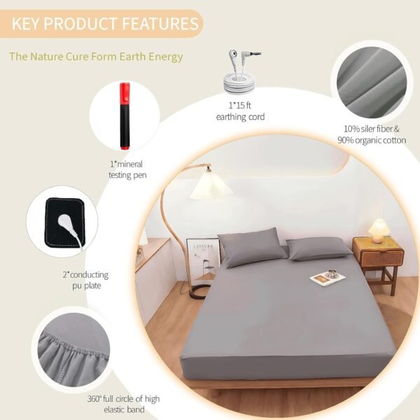 Grounding Fitted Sheet with Grounding Cord and Earthing Product Test Pen 90% Organic Cotton & 10% Silver Fiber Infused Conductive Bedding for Improved Sleep & Wellness Earthing Sheets Full Size Gray - Image 4