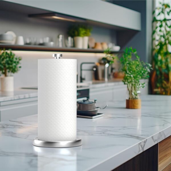 Paper Towel Holder Countertop, One-Handed Tear Paper Towel Holder Stand with Ratchet System, Stainless Steel Paper Towel Holder with Weighted Base for Kitchen Bathroom (Silver) - Image 8