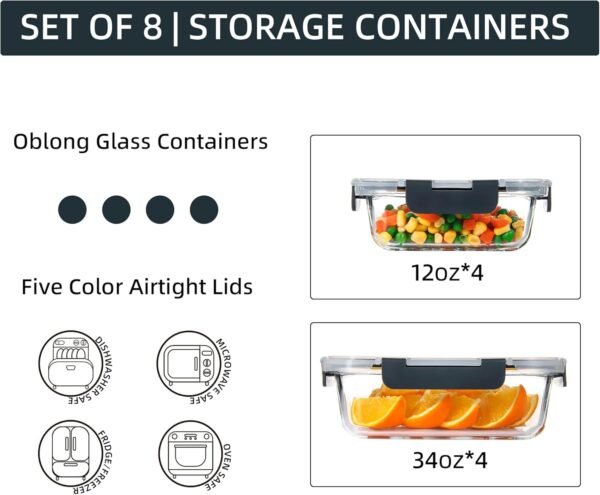 YANGNAY 8 Pack Glass Food Storage Containers, Glass Meal Prep Containers with Airtight Lids, Dishwasher/Freezer Safe Glass Containers, 2 sizes - Image 2