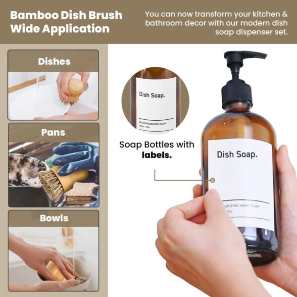 SIDIQI Design Glass Soap Dispenser Set of 2 with Plastic Pumps, Bamboo Tray, Brush & Labels - Ideal for Bathroom & Kitchen Countertop - 500ml/17 Oz - Image 4