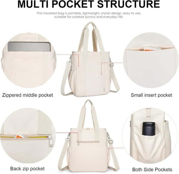 NOL Insulated Lunch Bag for Women, Large Spacious Lunch Tote Bag With Removable Adjustable Shoulder Strap with Multi Pockets,Leakproof Cooler Bag,Lightweight Nylon Waterproof Lunch Box For Work,Cream - Image 3